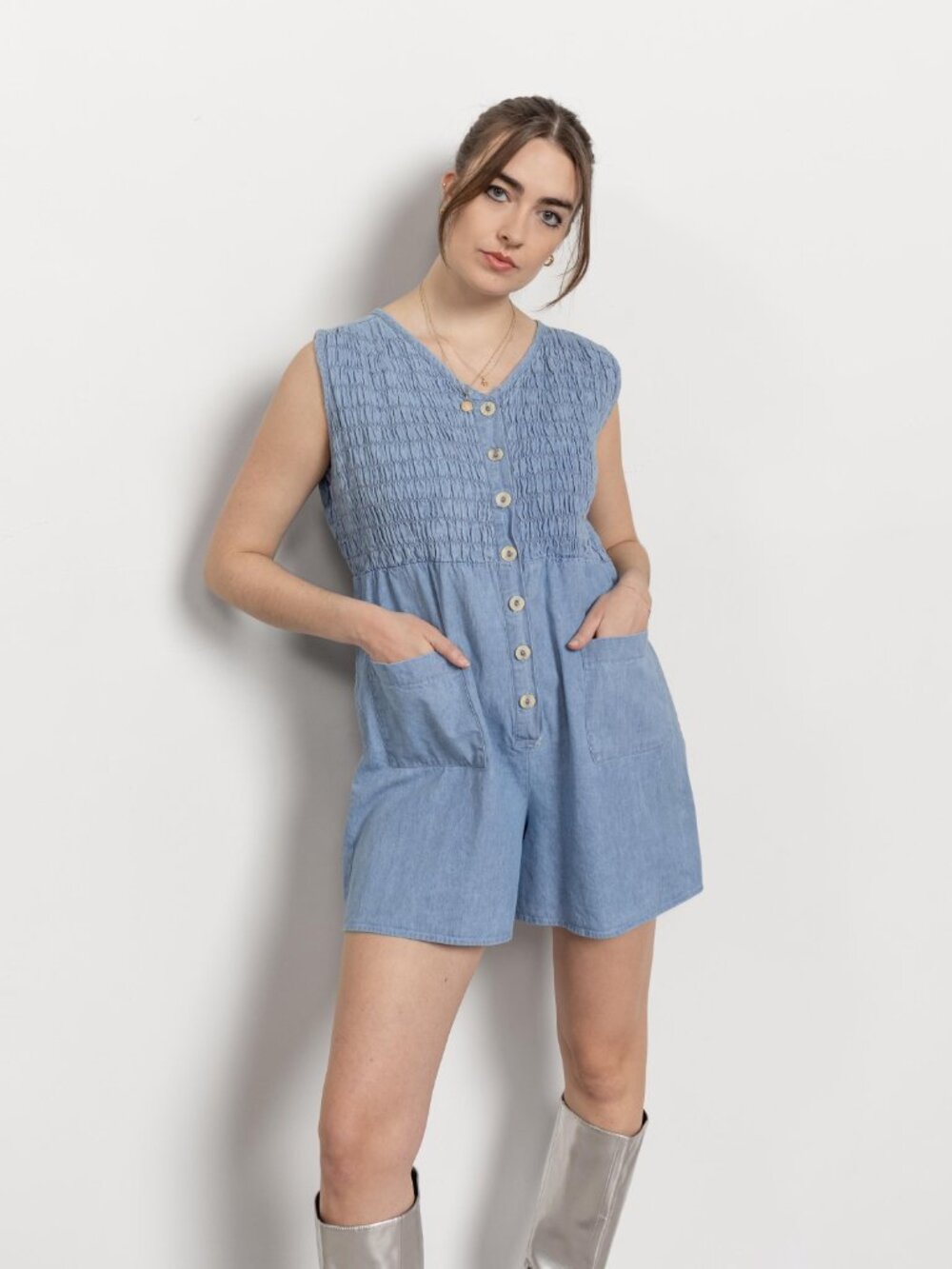 VINTAGE DENIM ROMPER Cotton Onesie Playsuit Summer 90's / Medium